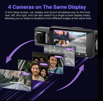 4 Channel Dash Cam with 360° Surround View Includes FREE OBD Cable for 24/7 Parking Monitor 4 Lens Front Rear inside Left Right Recording 3" Display, Built-In Wifi, 64GB Card Clear Night Vision, Hdr，Automotive Driving Recorder