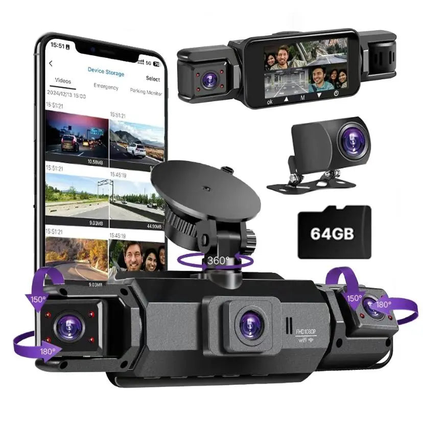 4 Channel Dash Cam with 360° Surround View Includes FREE OBD Cable for 24/7 Parking Monitor 4 Lens Front Rear inside Left Right Recording 3" Display, Built-In Wifi, 64GB Card Clear Night Vision, Hdr，Automotive Driving Recorder