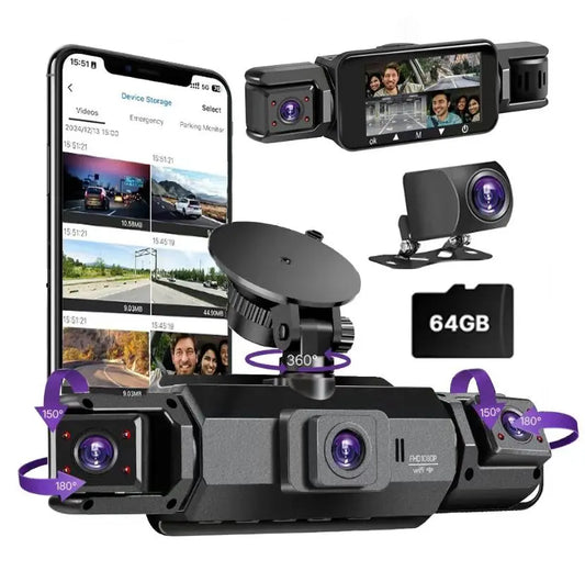 4 Channel Dash Cam with 360° Surround View Includes FREE OBD Cable for 24/7 Parking Monitor 4 Lens Front Rear inside Left Right Recording 3" Display, Built-In Wifi, 64GB Card Clear Night Vision, Hdr，Automotive Driving Recorder