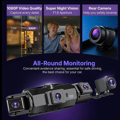 4 Channel Dash Cam with 360° Surround View Includes FREE OBD Cable for 24/7 Parking Monitor 4 Lens Front Rear inside Left Right Recording 3" Display, Built-In Wifi, 64GB Card Clear Night Vision, Hdr，Automotive Driving Recorder