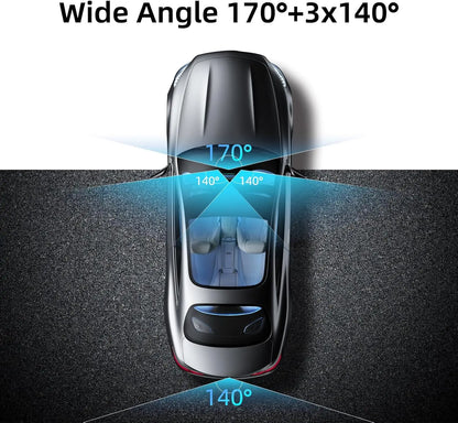 4 Channel Dash Cam with 360° Surround View Includes FREE OBD Cable for 24/7 Parking Monitor 4 Lens Front Rear inside Left Right Recording 3" Display, Built-In Wifi, 64GB Card Clear Night Vision, Hdr，Automotive Driving Recorder