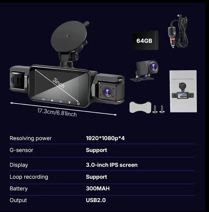 4 Channel Dash Cam with 360° Surround View Includes FREE OBD Cable for 24/7 Parking Monitor 4 Lens Front Rear inside Left Right Recording 3" Display, Built-In Wifi, 64GB Card Clear Night Vision, Hdr，Automotive Driving Recorder