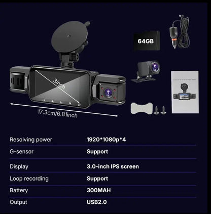 4 Channel Dash Cam with 360° Surround View Includes FREE OBD Cable for 24/7 Parking Monitor 4 Lens Front Rear inside Left Right Recording 3" Display, Built-In Wifi, 64GB Card Clear Night Vision, Hdr，Automotive Driving Recorder