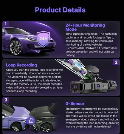 4 Channel Dash Cam with 360° Surround View Includes FREE OBD Cable for 24/7 Parking Monitor 4 Lens Front Rear inside Left Right Recording 3" Display, Built-In Wifi, 64GB Card Clear Night Vision, Hdr，Automotive Driving Recorder